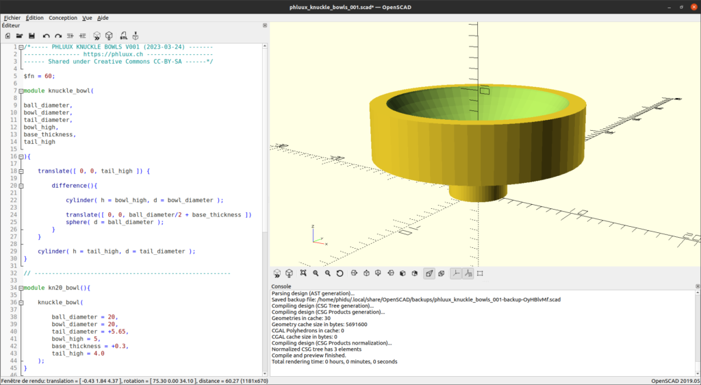 A screenshot of the Openscad file in which a cup is modeled. On the left we see a part of the script and on the right the rendering of the dbj-20.