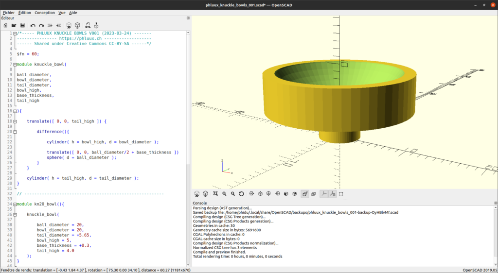 Une capture d'écran du fichier Openscad dans lequel est modélisé une coupelle. A gauche on voit une partie du script et à droite le rendu du dbj-20.