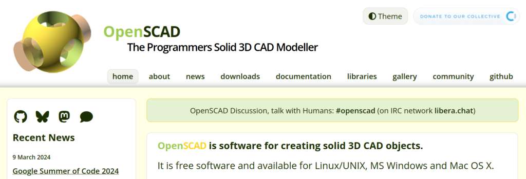 Image d'écran de la bannière du site Openscad.org